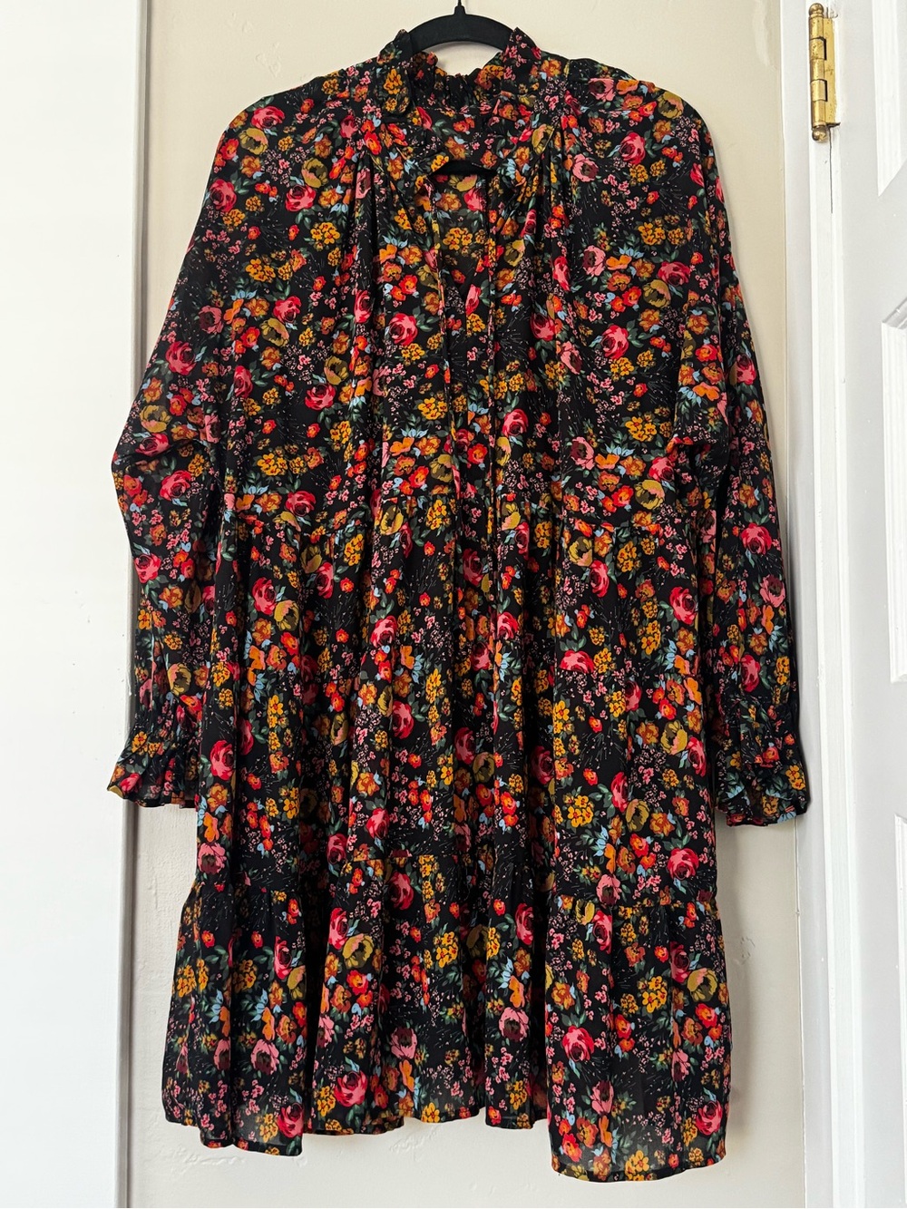 Floral Ruffle Tiered Black Dress with Pink & Orange Blooms